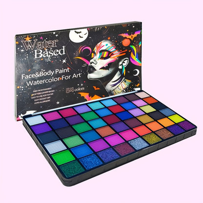 Face Body Paint Set 54 Colors — Matte, UV Fluorescent & Glitter Palette with Pattern Templates, Brushes & Tattoo Stickers for Sports, Cheerleading, Festivals & Parties