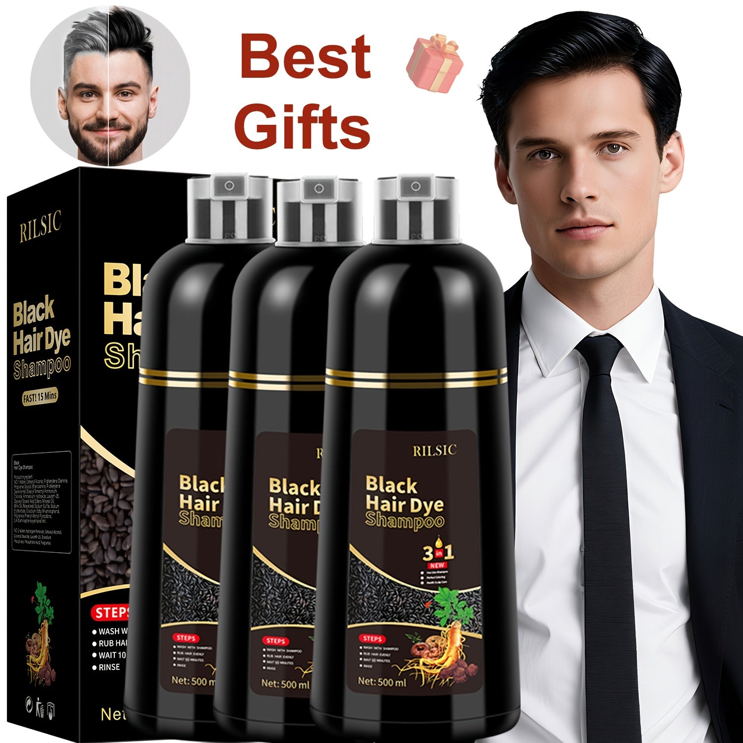 RILSIC 3pcs Hair Dye Shampoo 3-In-1 for Gray Hair, Long-Lasting And Herbal Ingredients Natural Shampoo Hair Dye Effect in Minutes Halloween Gift for Girlfriends/Boyfriends