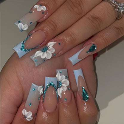 Press On Nails 96 Pieces 4 Packs + 4 Bracelets - Long Ballerina Fake Nails Blue Gradient 3D Flower Butterfly Rhinestone | Glossy Sparkling Full Cover False Nails & Beads Bangle Set for Women Girls