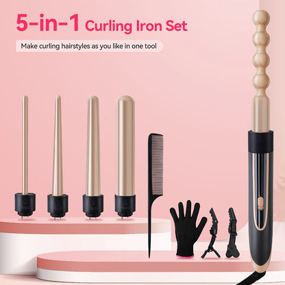 Curling Wand Set 5-in-1 — Ceramic Interchangeable Barrels 0.4”–1.25”, 30s Fast Heat, Dual Voltage Hair Curler Iron for Women, Long & Short Hair Styling with Heat-Resistant Glove