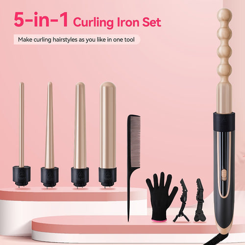 Curling Wand Set 5-in-1 — Ceramic Interchangeable Barrels 0.4”–1.25”, 30s Fast Heat, Dual Voltage Hair Curler Iron for Women, Long & Short Hair Styling with Heat-Resistant Glove