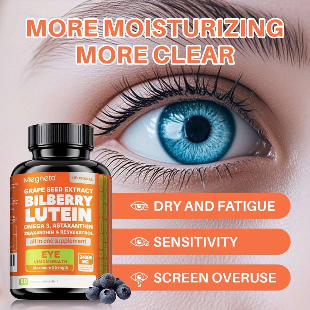 MEGNETA Eye Vitamins Lutein And Zeaxanthin Supplements, 24685 Per Serving | 60 Capsules, Enhanced with Astaxanthin, Omega-3, Bilberry And Resveratrol, Eye Vitamins & Vision Health Support