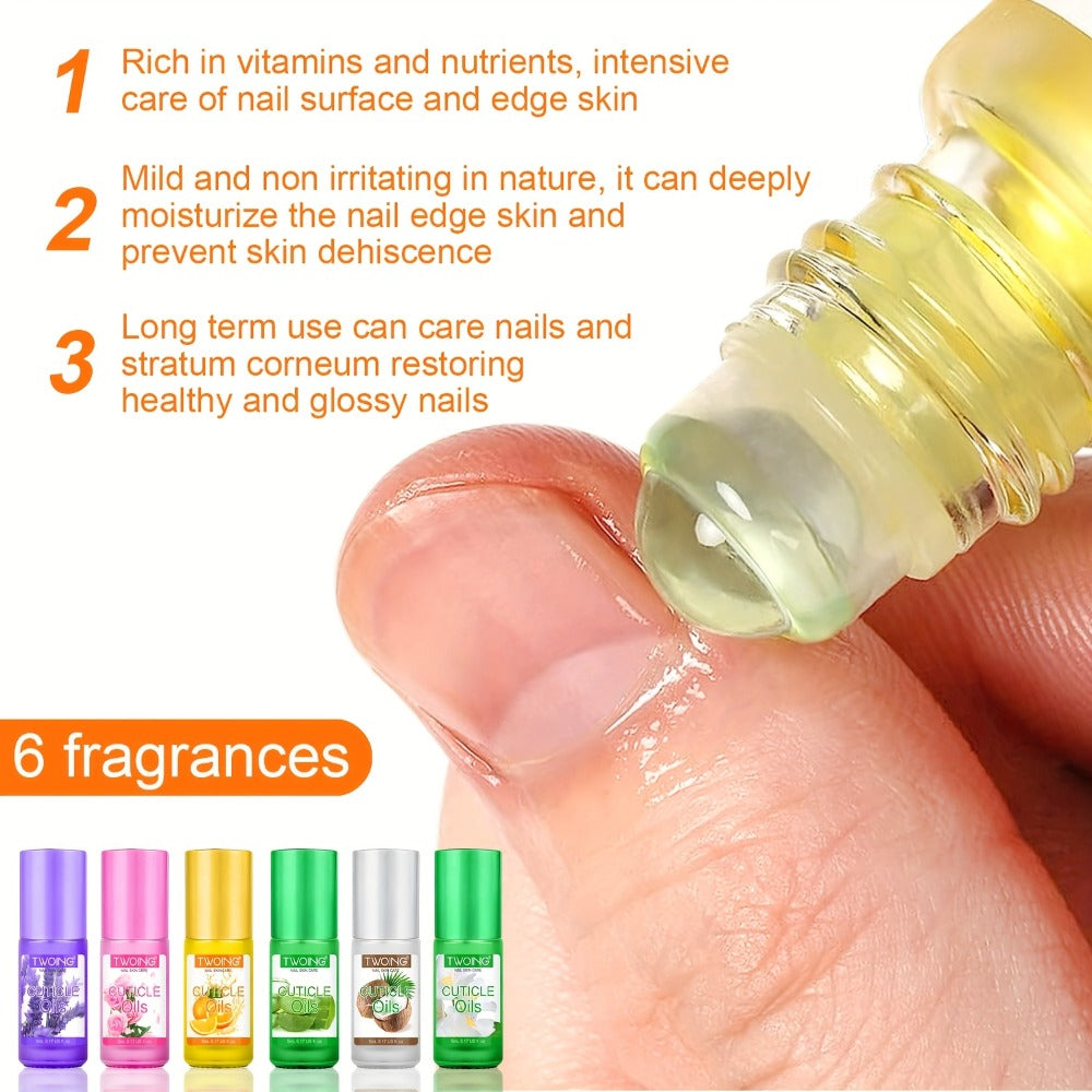 6-Flavor Cuticle Oil Suitable for Nail with Jojoba Oil, Grape Seed Oil & Vitamin E - Paraben-Free Plant-Based Formula for Dry, Damaged Nails, Cuticles, Nail Caps, Edges - Daily Nail Care for, Broken or Thinning Nails