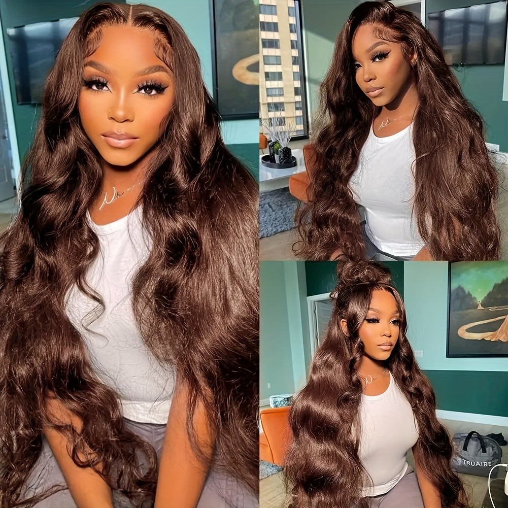 26-Inch Brown Body Wave Lace Front Wig, Synthetic Hair, Heavy Density, Glueless Design, Perfect for Daily Wear, Parties, And Cosplay