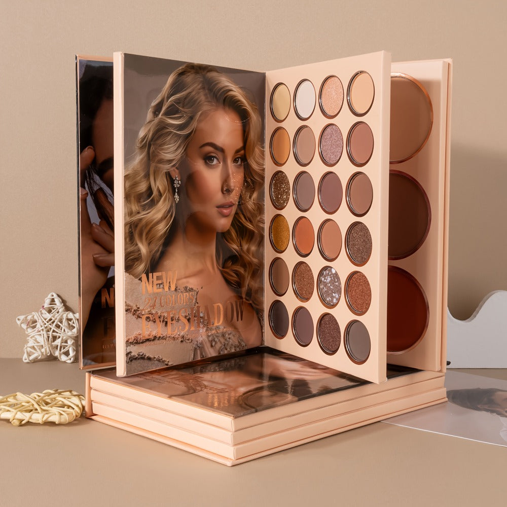 Eyeshadow Palette Blush Highlighter Loose Powder 3-in-1 Compact Makeup Palette, Book-style Folding Design, Holiday Gift Set for Women