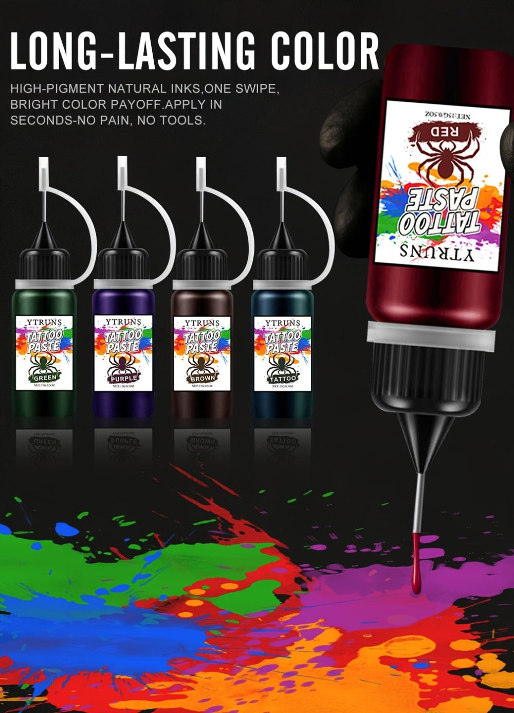 YTRUNS Temporary Tattoo Ink - Fast-Drying Waterproof Tattoo Paint Featuring 7 Bright Colors (Red, Purple, Blue, Green, Orange, Pink) - Gentle Body Art for Celebrations, Festivals