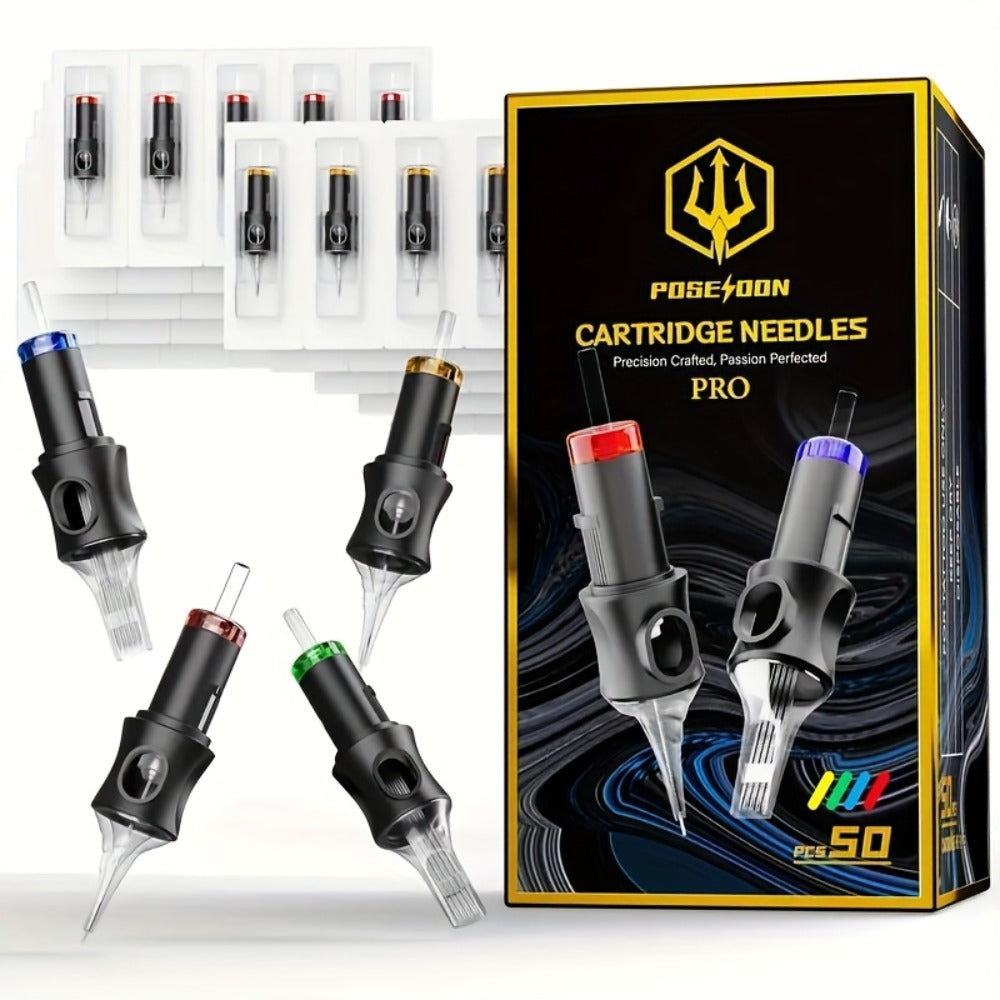 Tattoo Cartridge Needles 50Pcs Assorted - POSEIDON V5 Round Liner Shader Magnum Mixed Sizes 5RL 7RL 9RL 5RS 7RS 9RS 7RM 7M1 15M1 15RM Disposable Safety Cartridge Needles for Tattoo Supplies