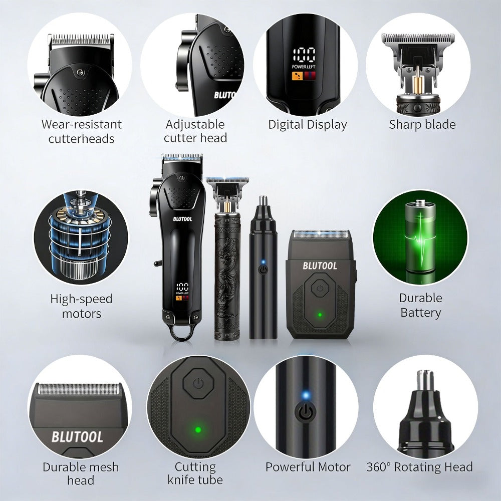 4pcs Professional Barber Clippers and Trimmer Set | Nose Hair Trimmer, Detail Trimmer with Guide Comb, LED Display, USB Powered, Rechargeable Battery, ABS Plastic Housing, Ideal Gift for Husband/Boyfriend/Elders, Home & Travel Use
