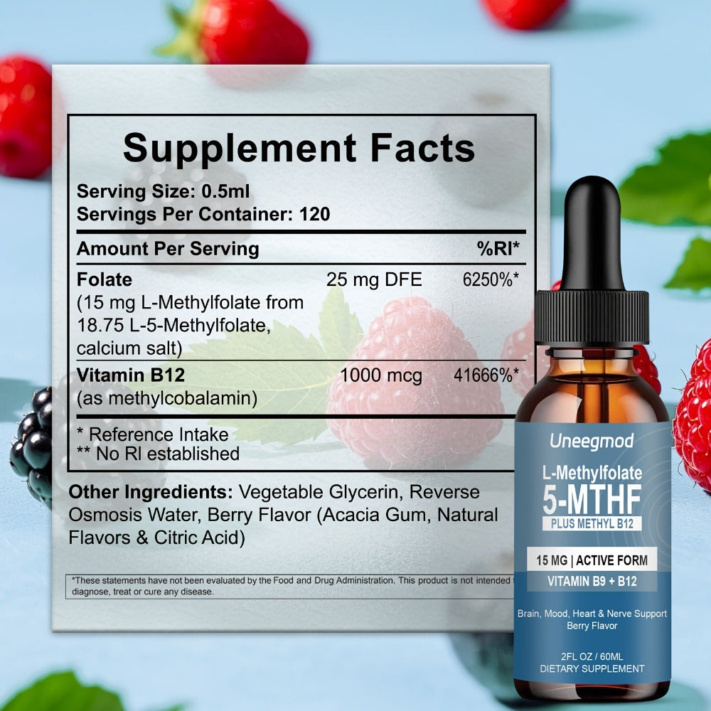 [L Methylfolate 15mg] Uneegmod L Methylfolate 15mg Methylated B9 Vitamin (5-Mthf) Active Folic Liquid Supplement Drops Acid-Enriched with Vitamins B12 Methylated Multivitamin 2fl.oz Gluten Free Berry Flavor