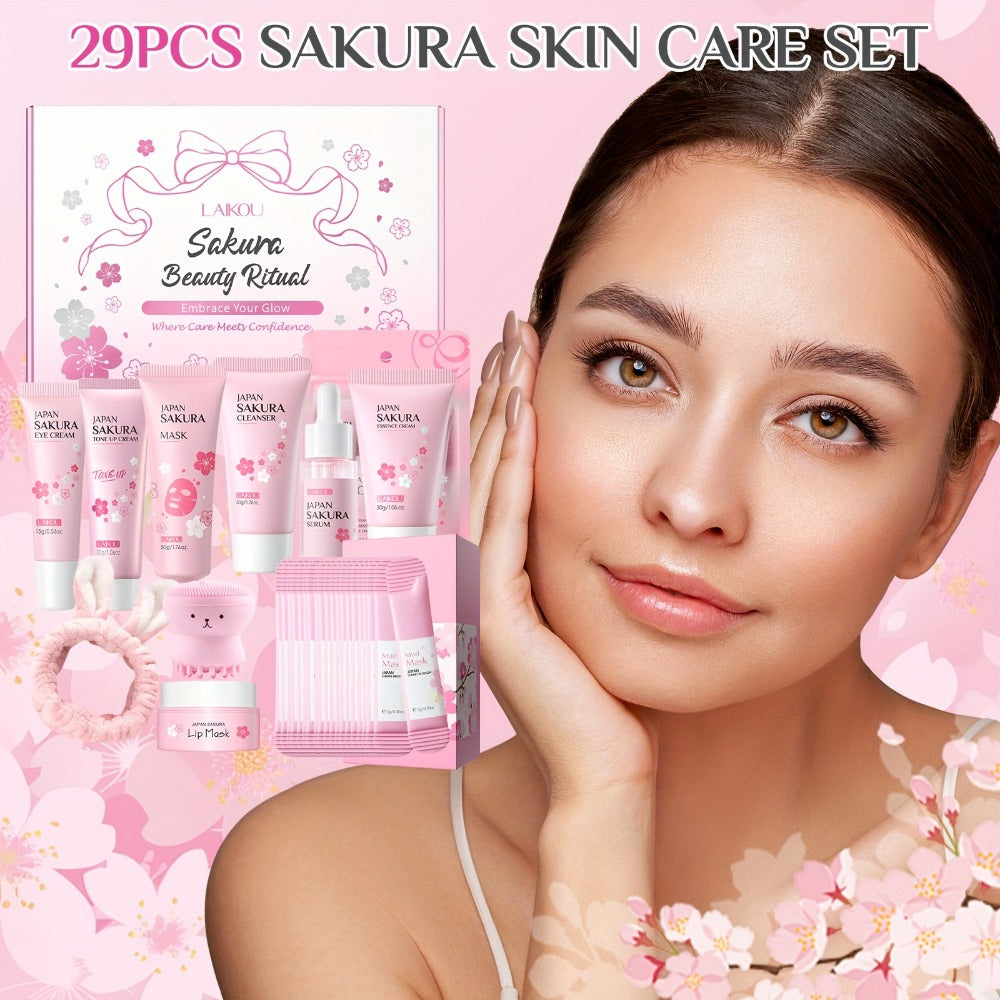 Cherry Blossom Skincare Gift Set, Facial Care Set with Essence Cream, Cleanser, Toner, Eye Cream, Mud Mask, Exfoliating Mask, Eye Mask, Toning Cream, Lip Balm, Etc., Birthday Mother's Day Gift for Female s
