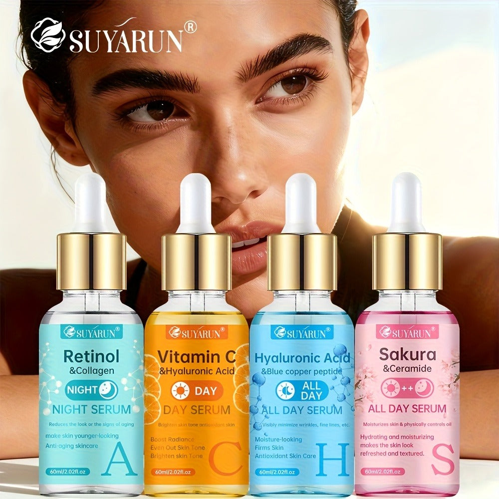 SUYARUN 4pcs Day And Night Vitamin C Retinol Hyaluronic Acid Cherry Blossom Ceramide Serum Set, with Collagen Aloe And Niacinamide, Brightens Light Beige, Firms Skin, Deeply Hydrates And Evens Light Beige. Unisex. Nourishing And Moisturizing