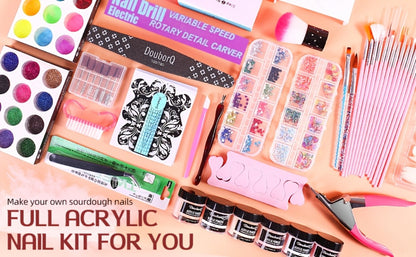 Acrylic Nail Kit with Drill & Nail Lamp - Full Professional Starter Set for Beginners with Acrylic Powder Brush & Tools - Complete All-in-One Nail Extension Kit