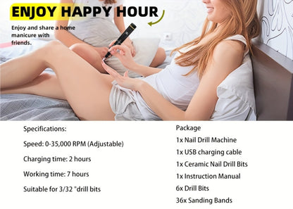 Electric Nail Drill Machine 35000 RPM Portable Rechargeable Nail File for Gel Nails Acrylic Manicure Pedicure Home Salon Professional Nail Grinder with LCD Display