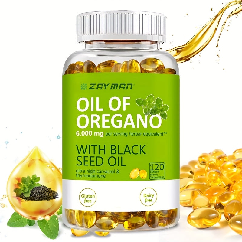 1-3P Bottle of Oregano Oil Softgels - Wild Oregano Oil 6000, Black Seed Oil 200 Capsules, 120 Capsules, Containing Carvacrol And Thymol, Dairy-Free, Gluten-Free