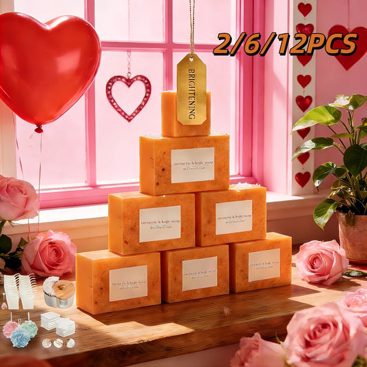 2/6/12pcs Handmade Cold Processed Turmeric, Lemon & Kojic Acid Soaps for Cleansing - Forface & Body - Includes Bubble Net + Dopamine Bath Ball + Towel. Deeply Cleanses, Hydrates, for All Skin Types.Valentine'S, Easter & Mother'S Day Gifts!