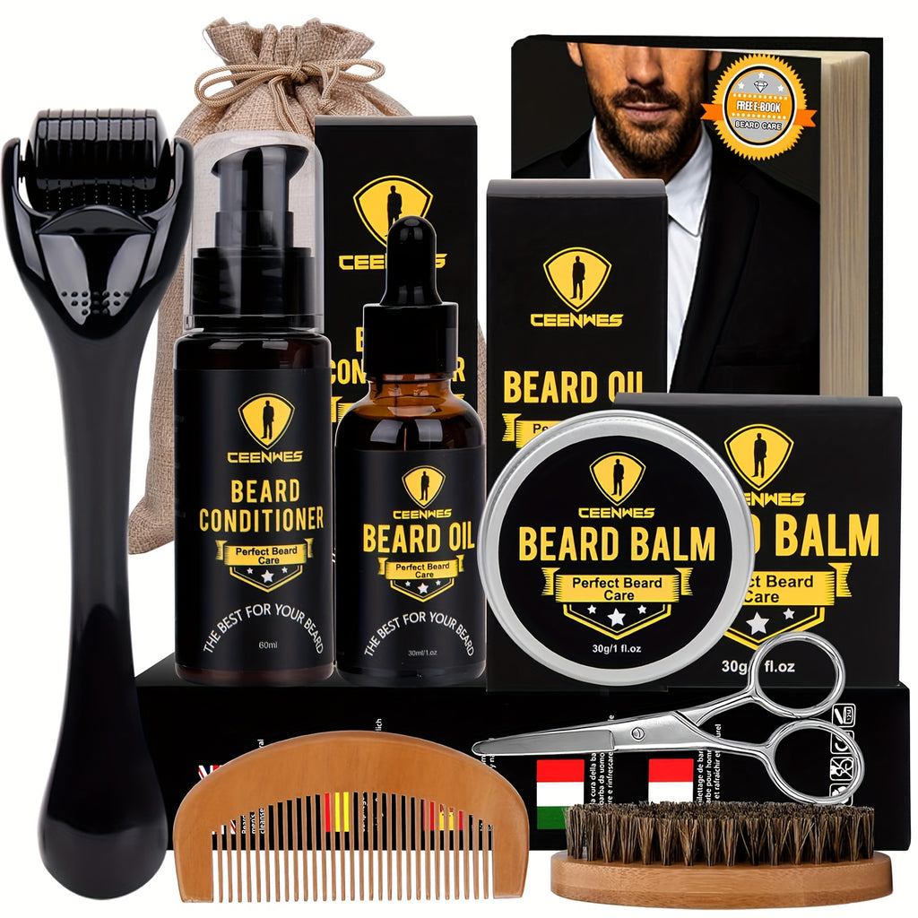 1 Set Upgraded Beard Grooming Kit, Men's Beard Care Kit with Beard Conditioner, Beard Oil, Beard Brush, Beard Comb, Beard Scissors And Storage Bag for Father. Valentine's Day Gift for Boyfriend, Male Friend, Birthday Gift