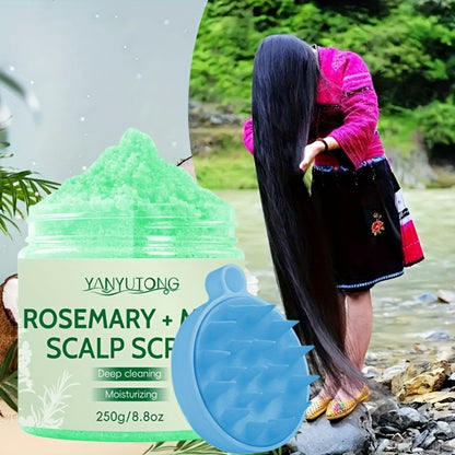 Scalp Scrub with Massage Brush — Rosemary & Mint Deep Cleansing Hair Scrub, 250g, Removes Buildup & Purifies Scalp for All Hair Types Including Oily, Dry & Color-Treated