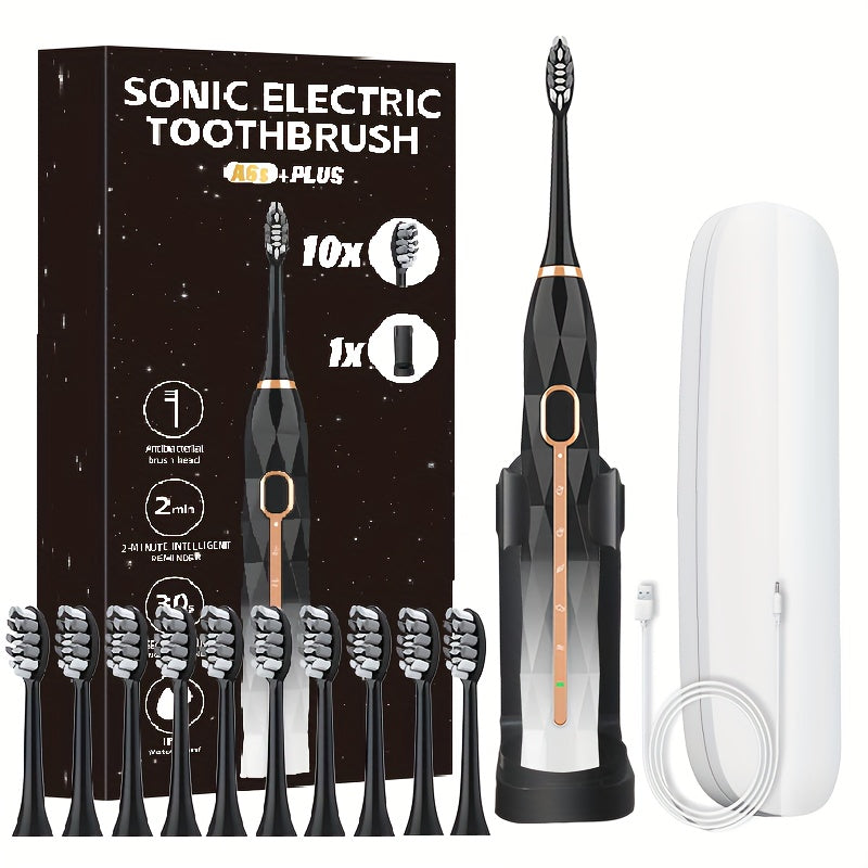 Sonic Electric Toothbrush That Is with an IPX8 Rating, Includes 8 Replacement Brush Heads, a Travel Case, And USB Charging. It Features a Metal Shaft Suitable for Both Adult Males And Females, Comes with a Toothbrush Holder