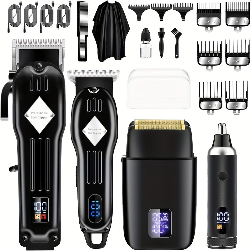 Grooming Combo Set for Men Hair Clipper Foil Shaver Detail Trimmer Adjustable Blades USB Rechargeable LCD Display Complete Accessories Home Barbershop Kit