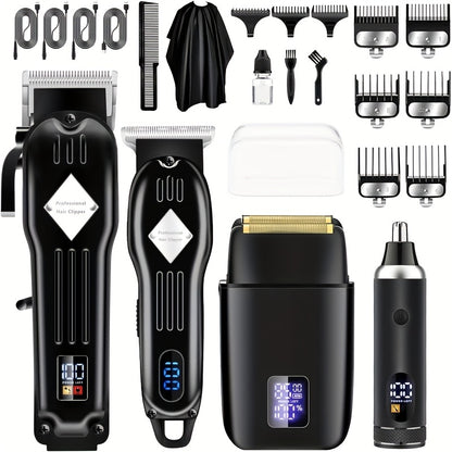Grooming Combo Set for Men Hair Clipper Foil Shaver Detail Trimmer Adjustable Blades USB Rechargeable LCD Display Complete Accessories Home Barbershop Kit