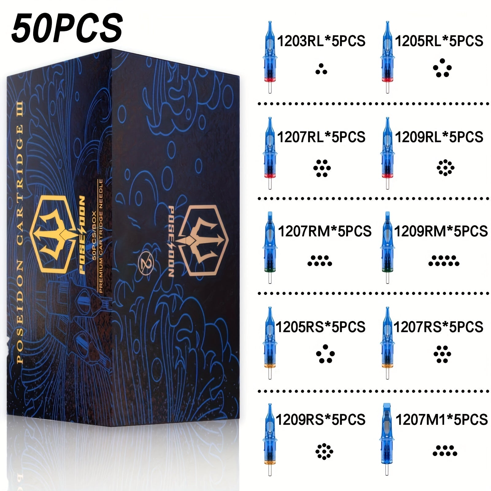 POSEIDON V3 Tattoo Cartridge Needles 50pcs Mixed Size Steriled Needles With Membrane Safety Cartridges-1203RL, 1205RL, 1207RL, 1209RL, 1207RM, 1209RM, 1205RS, 1207RS, 1209RS, 1207M1