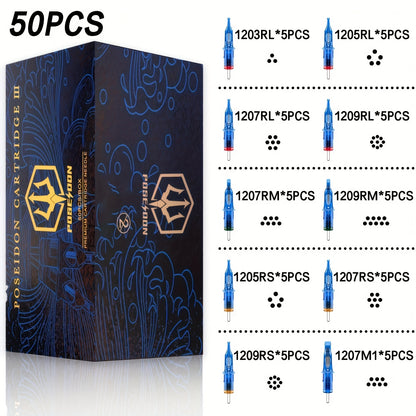 Tattoo Cartridge Needles 50pcs POSEIDON V3 Mixed Assorted Sizes with Membrane Safety Cartridges Stainless Steel Sterile Needles for Tattoo Machine Pen RL RS RM