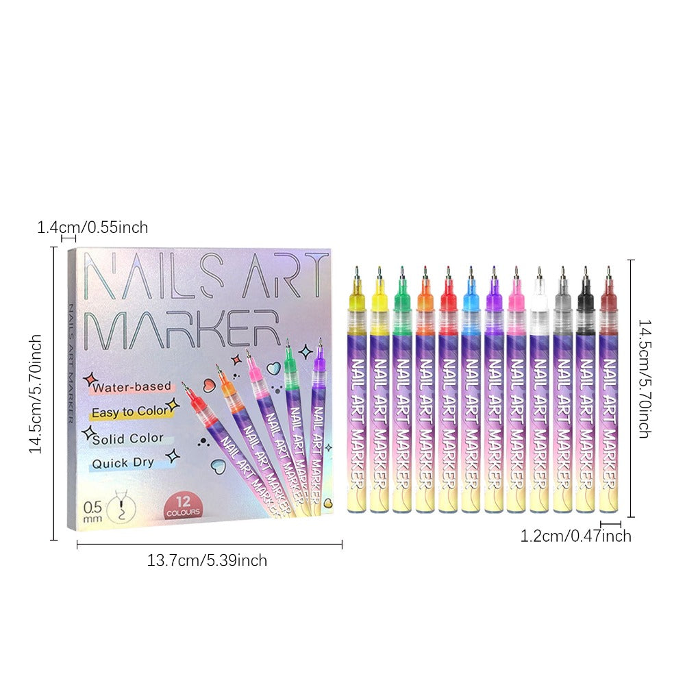 12pcs DIY Nail Art Pens Fashion Nail Art Fine Decorations - Easily Create Complex Designs - Easy-to-Use Multi-Occasion DIY Nails - 0.5mm Nail Art Pen Set - Ideal Christmas & New Year Gift