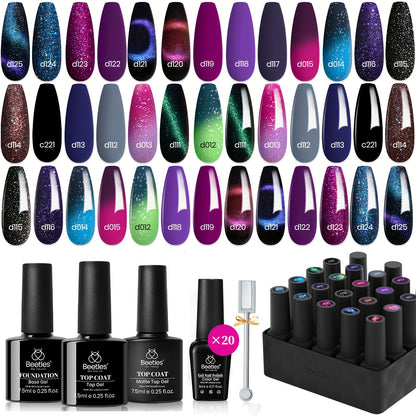 Gel Nail Polish Kit 24pcs 20 Colors Cat Eye Color Changing Glitter with Base Coat Glossy Matte Top Coat Soak Off LED Nail Art Holiday Gift Set Beetles