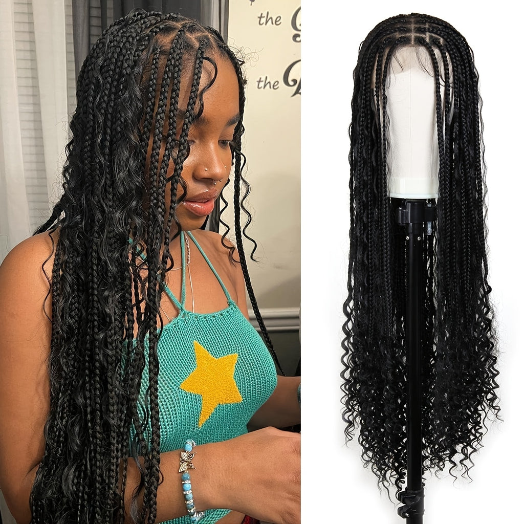 Bohemian Woven Wig Bohemian Style Square Braided Wig Knotless Goddess Braided Wig with Double Full Lace Square Artificial Woven Wig with Suitable for Women Natural Black 36 Inches