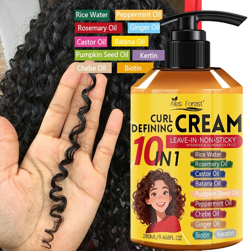 1 Bottle 9.47 oz 10-in-1 Curl Defining Cream | Moisturizing, Leave-in Non-Sticky Styling Cream for Adults - Enhances Curl Definition and Hydrates Hair, Suitable for Normal, Wave, and Curly Hair, Unisex, Fashionable Bottle Design