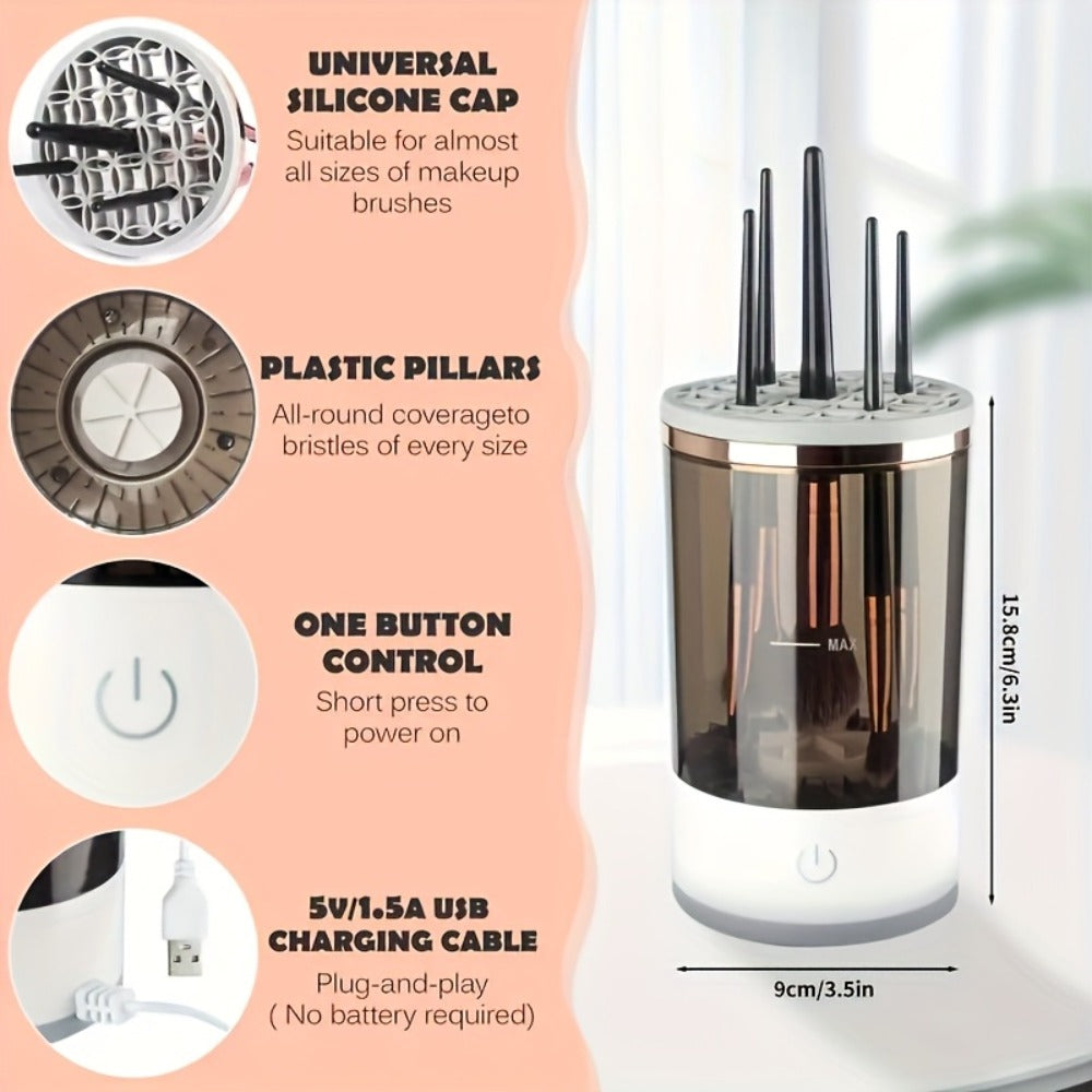 [Innovative Cleaning] Usb-Powered Makeup Brush Cleaner & Dryer - Odorless, Battery-Free, Essential Beauty Tool with Transparent Design & Copper Accents, Includes Dual-Section Brush Holder for Efficient Cleaning, Beauty Tool Accessory|Modern