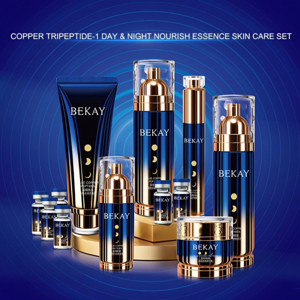 Skincare Gift Set Blue Copper Peptide & Astragalus 12pcs Box - Day Night Cream Sleep Mask Firming Brightening for All Skin Types - Valentine's Day Gift for Women