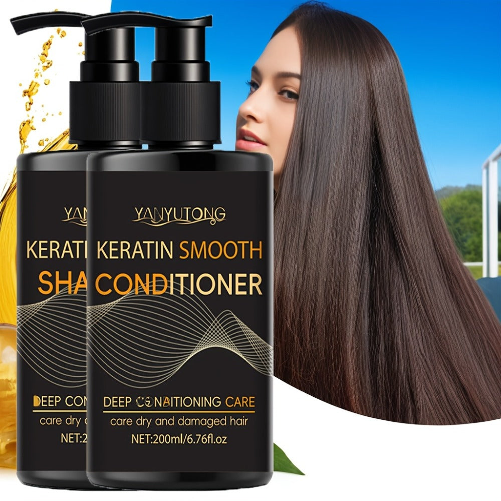 13.53oz Keratin Hair Care Set, 6.76oz Shampoo, 6.76oz Conditioner, Moisturizes Hair And Scalp, Prevents Breakage And Split Ends – Professional, for Hair Dyeing And Heat Damage, Home Hair Care, Creates Smooth