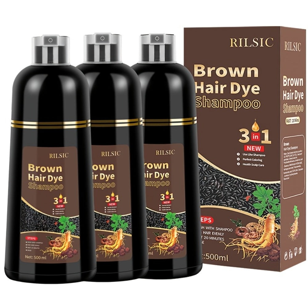 Hair Dye Shampoo 3-in-1 Gray Coverage 3-Pack | Long-Lasting Herbal Natural Formula | Color Effect in Minutes | Black Brown Chestnut Brown