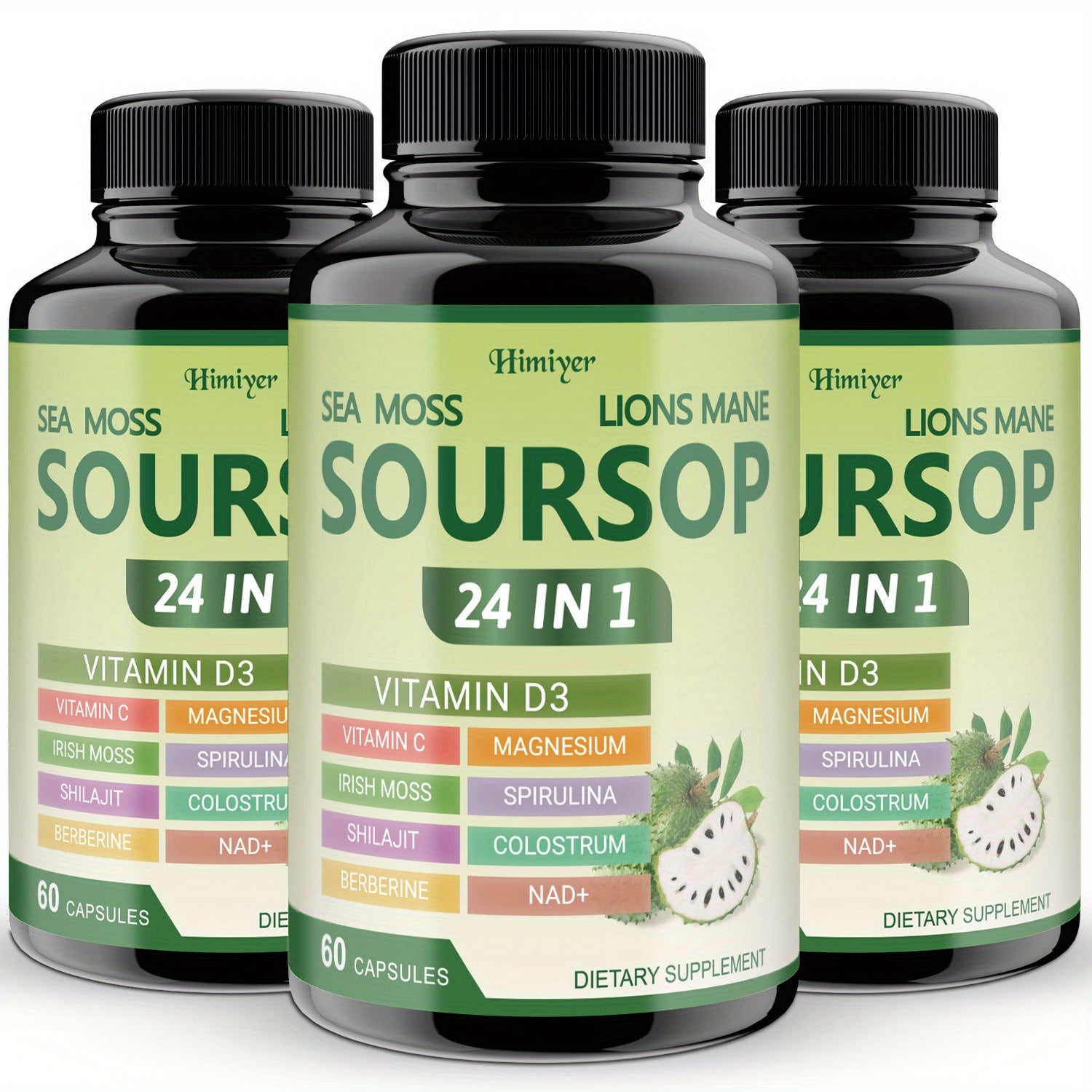 Buy 2 Get 1 Free Soursop Capsules (60 Capsules/Bottle) - 24-in-1 Herbal Supplement with Turmeric, Spirulina, Vitamin D3, Sea Moss & 's Mane-like Bitter Leaf for Immune, Antioxidant, Gut Health & - Dietary