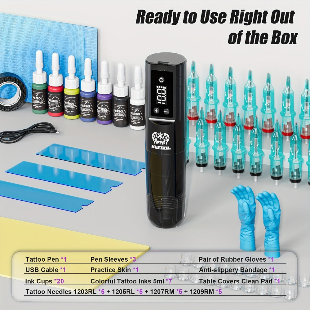 Neebol Tattoo Machine Kit Complete, 20 Cartridge Needles Sold Separately, Christmas & New Year Body Art Gift, Cordless Tattoo Pen, Upgraded Lightweight Design, Wireless Rotary Tattoo Gun with Screen Display, Tattoo Supplies for Beginners & Artists