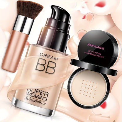BB Cream Makeup Kit with Loose Setting Powder, Brush & Sponge — Full Coverage Foundation, Waterproof Long-Lasting, Hydrating for All Skin Types