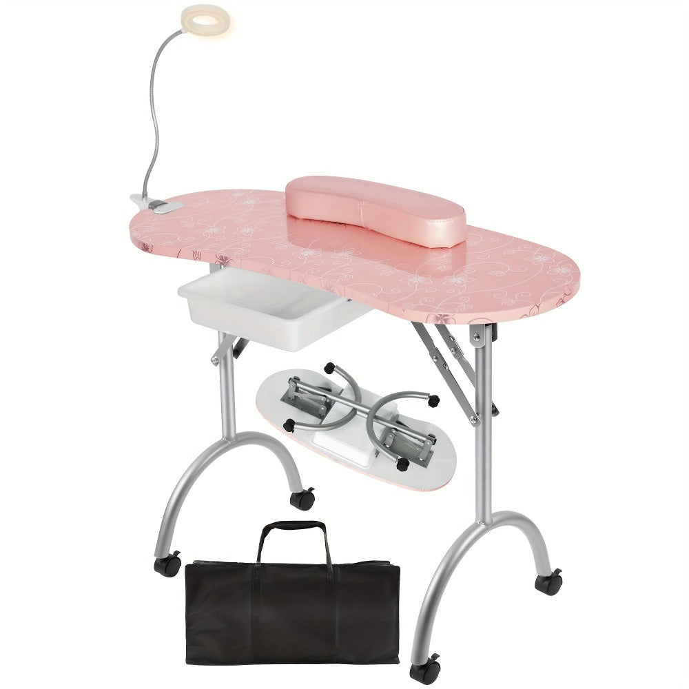 Foldable Nail Table for Manicures, Featuring a Drawer, LED Lamp, Four Lockable Wheels, And a Carrying Bag, Designed for with a Wrist Cushion