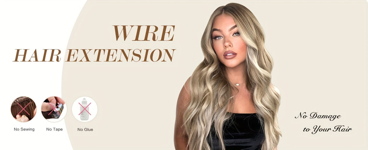 Invisible Wire Hair Extensions for Women Synthetic Wavy Wig with Clear Wire 18 Inch Multi-Color Balayage Highlight Natural Look Glueless No Damage Easy Apply