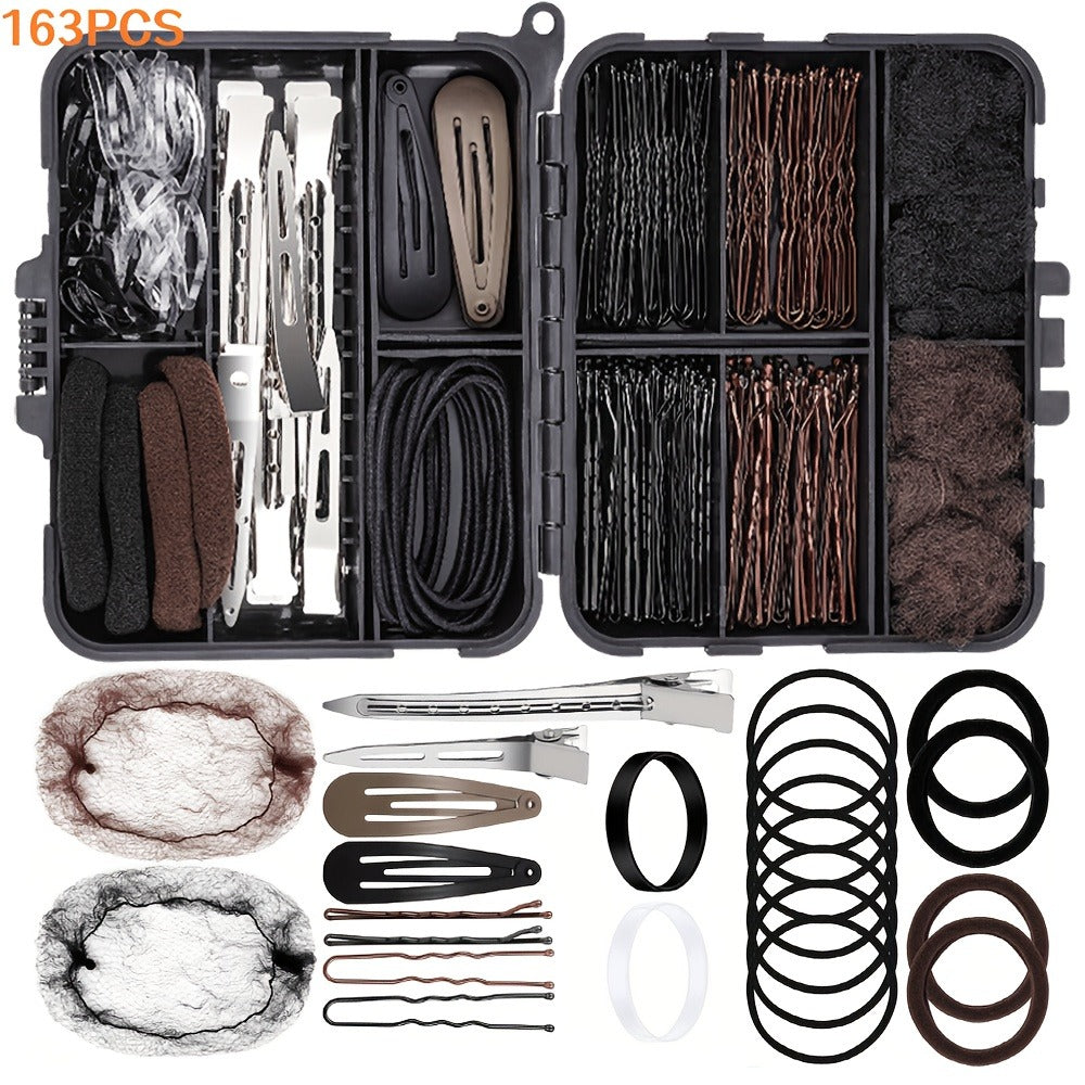 163pcs Hair Ties Clips Nets Styling Kit Girls Dance Hair Additions Portable Hairstyle Tools Dance Competition Performance Styling Pack