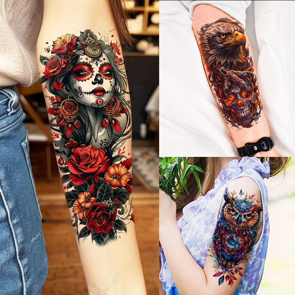 Temporary Tattoos for Adults 71 Sheets - Old School Halloween Tiger Wolf Lion Dragon Skull Floral Gothic Punk Chicano Body Art Fake Tattoos Long Lasting Waterproof for Parties Festivals Costumes
