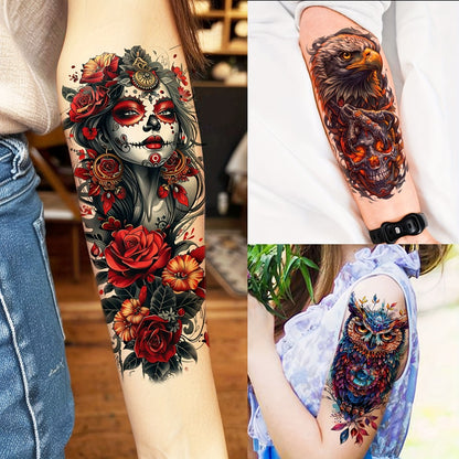 Temporary Tattoos for Adults 71 Sheets - Old School Halloween Tiger Wolf Lion Dragon Skull Floral Gothic Punk Chicano Body Art Fake Tattoos Long Lasting Waterproof for Parties Festivals Costumes