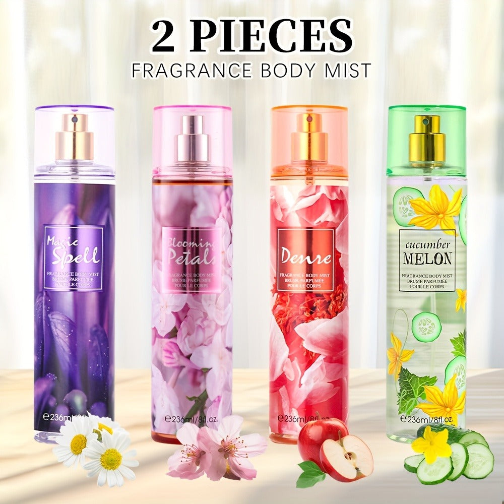 Body & Hair Fragrance Mist for Women 2PCS Set - Long Lasting Perfume Spray 8 fl oz, Fruity Floral Scents Peach Pear Cherry Blossom, Dual Use Body and Hair Spray Gift for Her
