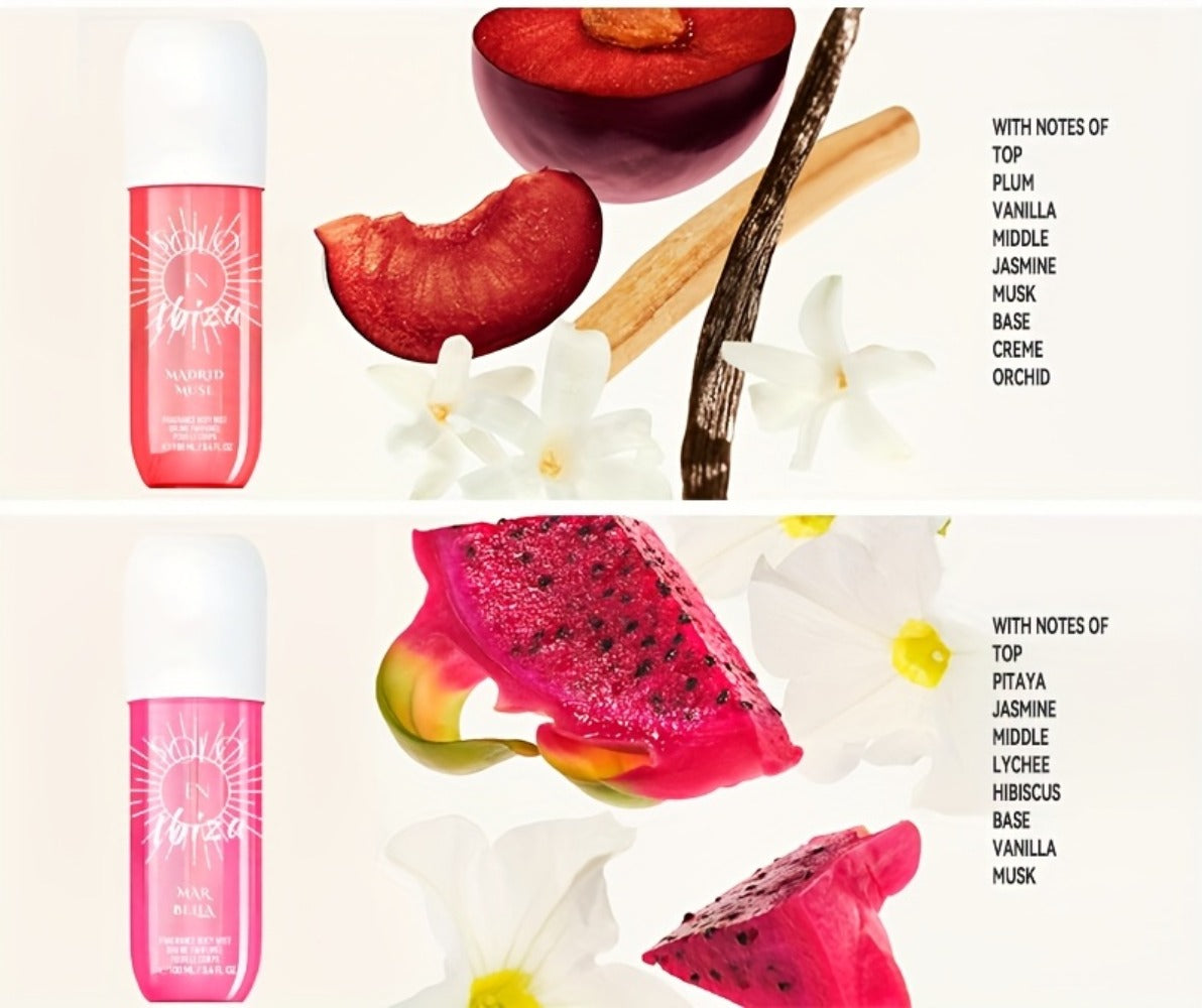 Body Hair Fragrance Mist Gift Set 2-Piece SOLO EN IBIZA Perfume Mist Body Cream Long Lasting Vanilla Fruit Scent 3.4 fl oz Unisex for Men Women 4 Scent Varieties