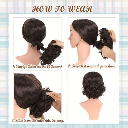 Clip In Hair Bun Extension Messy Bun Chignon Hairpiece Synthetic Curly Updo with Comb Scrunchie for Women Wedding Party Office Daily Wear Rose Bud Style