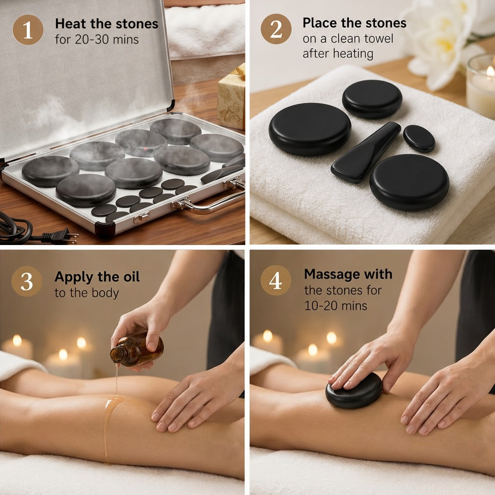 18pcs Hot Stones for Massage with Warmer, Massage Stones with Heater Kit for 4 Sizes, Hot Stone Massage for Professional Or Home Spa Warming Relaxing