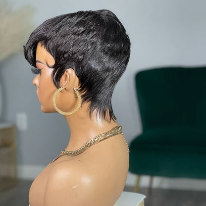 Short Pixie Cut Wig with Bangs Black & Blonde — Layered Style, Brown Blonde Mix, Rose Net Cap, Synthetic Wig for Black Women, 4 Inch Daily Wear