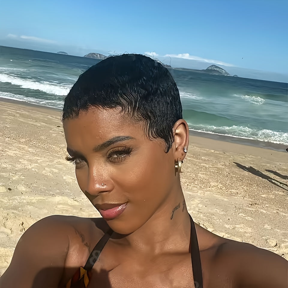 Women's 4-Inch Brazilian Human Hair Pixie Cut Wig with Bangs - Deep Wave 150% Density Short Layered Glueless Wig, Rose Net Cap for Secure Fit, Natural Look for Parties & Casual Attire, Short Hair Wig, Party Accessory, Elegant Hairpiece