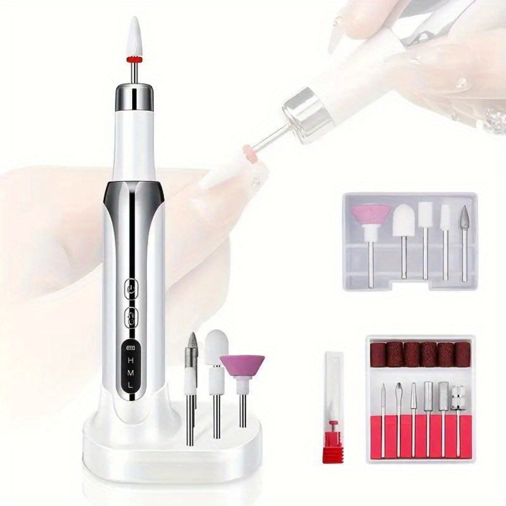 Electric Nail Drill, Cordless Nail Drill, Electric Nail File, USB Rechargeable Portable Nail Drill for Manicure Pedicure And Polishing, with 12 Nail Drill Bits And Sanding Bands, White