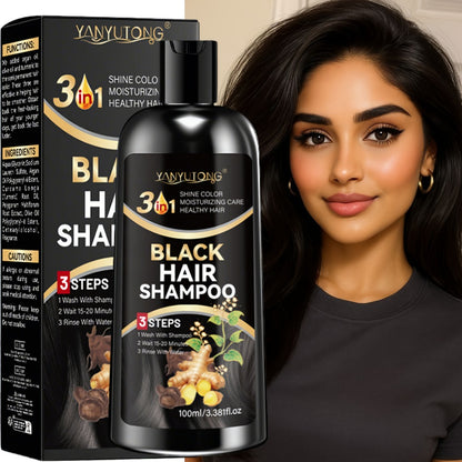 Black Hair Dye Shampoo with Polygonum Multiflorum & Ginger Extract — Instant Gray Coverage, Gentle Non-Damaging Plant-Based Formula, Long-Lasting Color, Unisex, 3.38 oz / 100ml